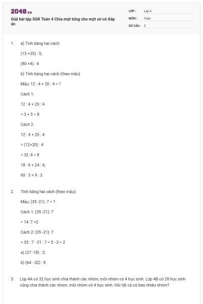 Giải bài tập SGK Toán 4 Chia một tổng cho một số có đáp án