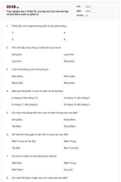 Trắc nghiệm Địa Lí 8 Bài 32: (có đáp án) Các mùa khí hậu và thời tiết ở nước ta (phần 2)