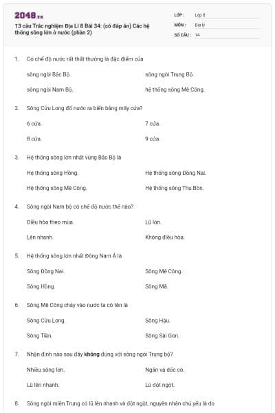13 câu Trắc nghiệm Địa Lí 8 Bài 34: (có đáp án) Các hệ thống sông lớn ở nước (phần 2)