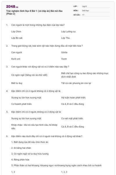 Trắc nghiệm Sinh Học 8 Bài 1: (có đáp án) Bài mở đầu (Phần 2)