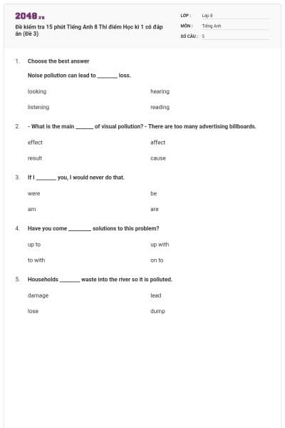 Đề kiểm tra 15 phút Tiếng Anh 8 Thí điểm Học kì 1 có đáp án (Đề 3)