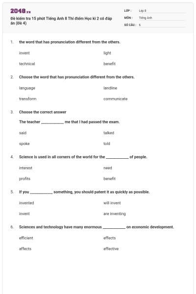 Đề kiểm tra 15 phút Tiếng Anh 8 Thí điểm Học kì 2 có đáp án (Đề 4)