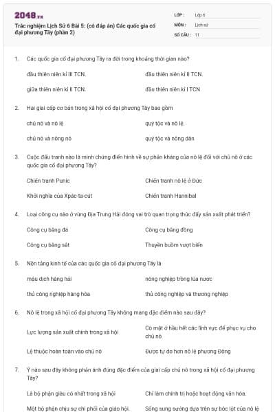 Trắc nghiệm Lịch Sử 6 Bài 5: (có đáp án) Các quốc gia cổ đại phương Tây (phần 2)
