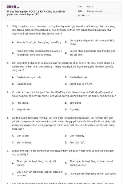65 câu Trắc nghiệm GDCD 12 Bài 7: Công dân với các quyền dân chủ có đáp án (P3)
