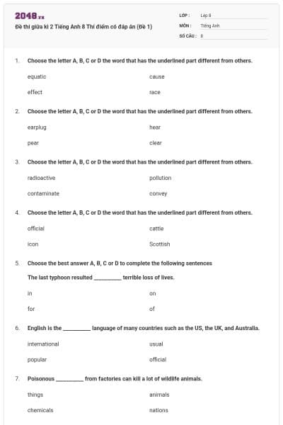 Đề thi giữa kì 2 Tiếng Anh 8 Thí điểm có đáp án (Đề 1)