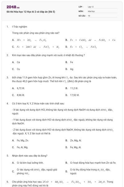 Đề thi Hóa học 12 Học kì 2 có đáp án (Đề 5)