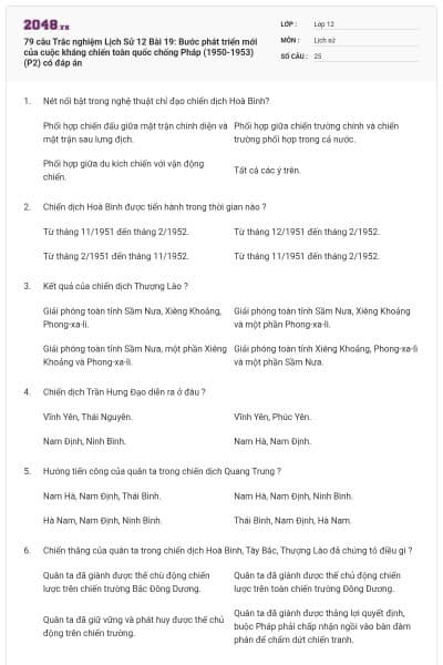 79 câu Trắc nghiệm Lịch Sử 12 Bài 19: Bước phát triển mới của cuộc kháng chiến toàn quốc chống Pháp (1950-1953)(P2) có đáp án