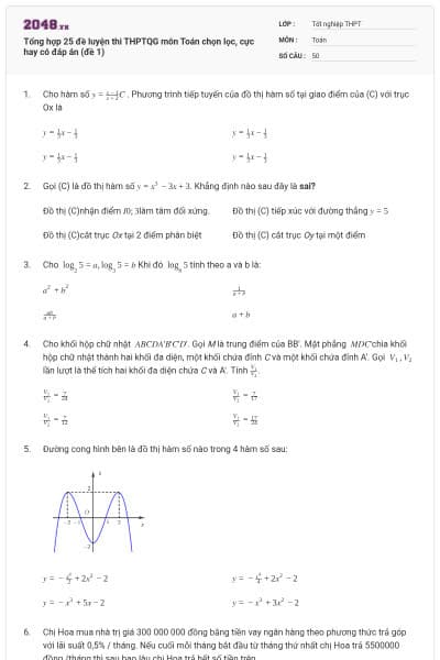 Tổng hợp 25 đề luyện thi THPTQG môn Toán chọn lọc, cực hay có đáp án (đề 1)