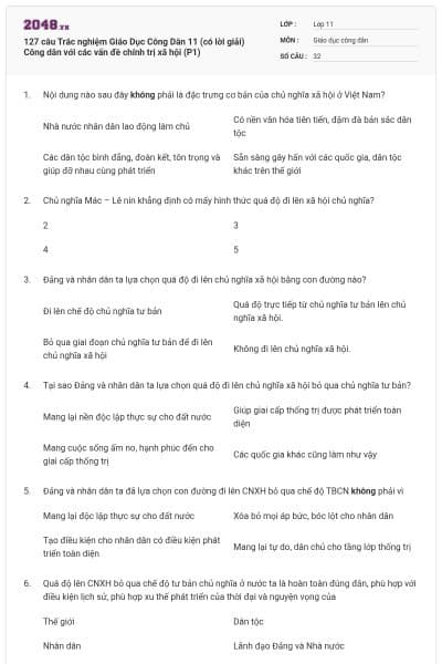 127 câu Trắc nghiệm Giáo Dục Công Dân 11 (có lời giải) Công dân với các vấn đề chính trị xã hội (P1)