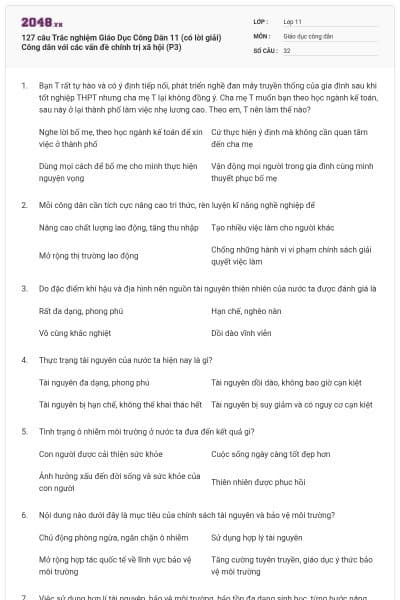127 câu  Trắc nghiệm Giáo Dục Công Dân 11 (có lời giải) Công dân với các vấn đề chính trị xã hội (P3)