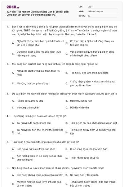 127 câu Trắc nghiệm Giáo Dục Công Dân 11 (có lời giải) Công dân với các vấn đề chính trị xã hội (P3)