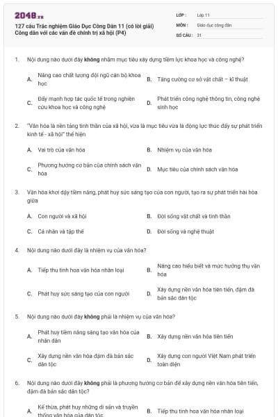 127 câu Trắc nghiệm Giáo Dục Công Dân 11 (có lời giải) Công dân với các vấn đề chính trị xã hội (P4)