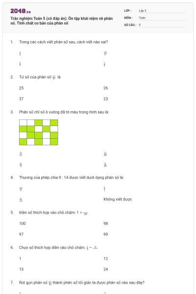 Trắc nghiệm Toán 5 (có đáp án): Ôn tập khái niệm về phân số. Tính chất cơ bản của phân số