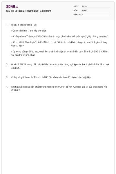 Giải Địa Lí 4 Bài 21: Thành phố Hồ Chí Minh