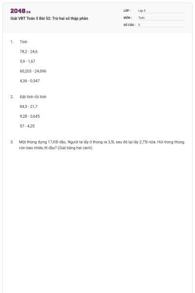 Giải VBT Toán 5 Bài 52: Trừ hai số thập phân