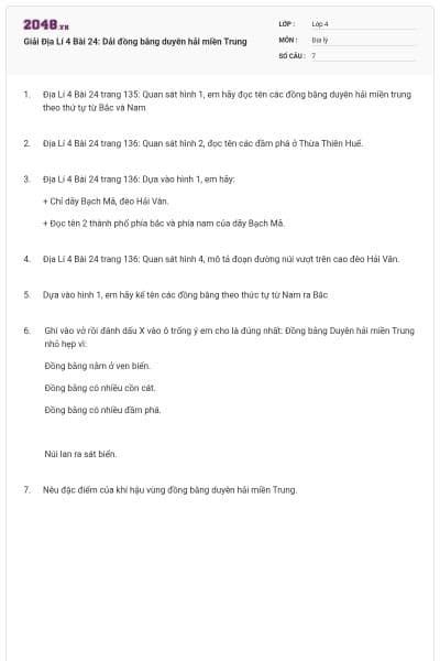Giải Địa Lí 4 Bài 24: Dải đồng bằng duyên hải miền Trung