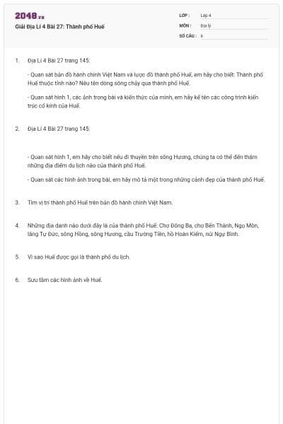 Giải Địa Lí 4 Bài 27: Thành phố Huế