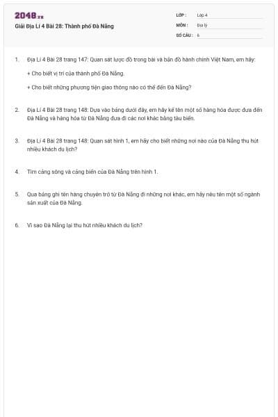 Giải Địa Lí 4 Bài 28: Thành phố Đà Nẵng