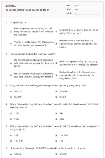 29 câu trắc nghiệm Tụ điện cực hay có đáp án