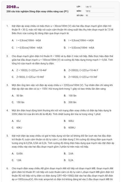 200 câu trắc nghiệm Dòng điện xoay chiều nâng cao (P1)