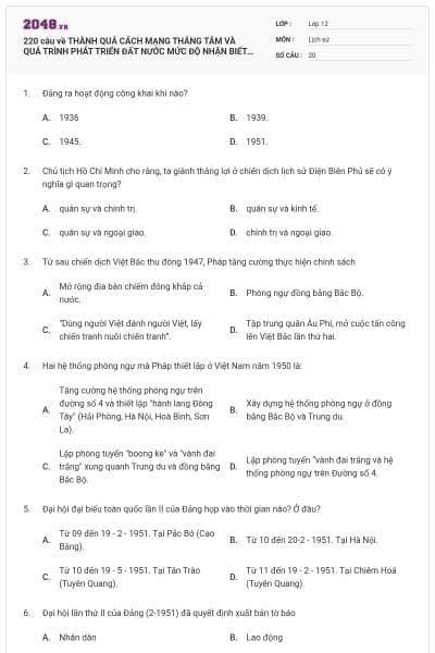 220 câu về THÀNH QUẢ CÁCH MẠNG THÁNG TÁM VÀ QUÁ TRÌNH PHÁT TRIỂN ĐẤT NƯỚC MỨC ĐỘ NHẬN BIẾT (P3)