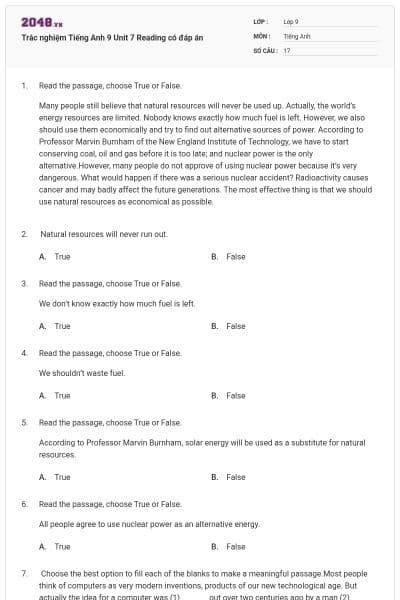 Trắc nghiệm Tiếng Anh 9 Unit 7 Reading có đáp án