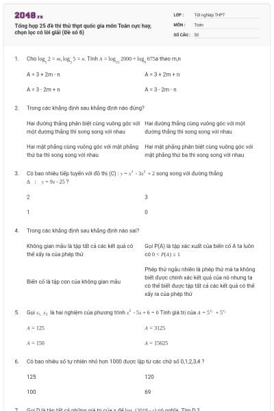 Tổng hợp 25 đề thi thử thpt quốc gia môn Toán cực hay, chọn lọc có lời giải (Đề số 6)