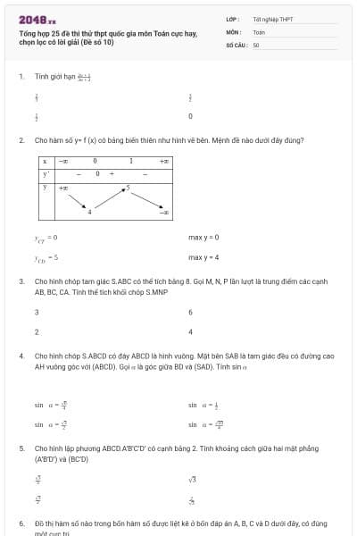 Tổng hợp 25 đề thi thử thpt quốc gia môn Toán cực hay, chọn lọc có lời giải (Đề số 10)
