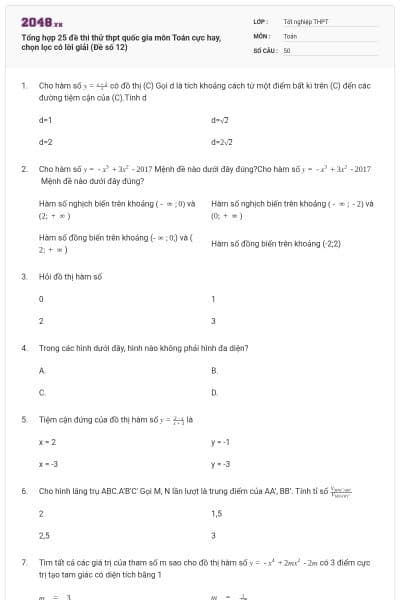 Tổng hợp 25 đề thi thử thpt quốc gia môn Toán cực hay, chọn lọc có lời giải (Đề số 12)