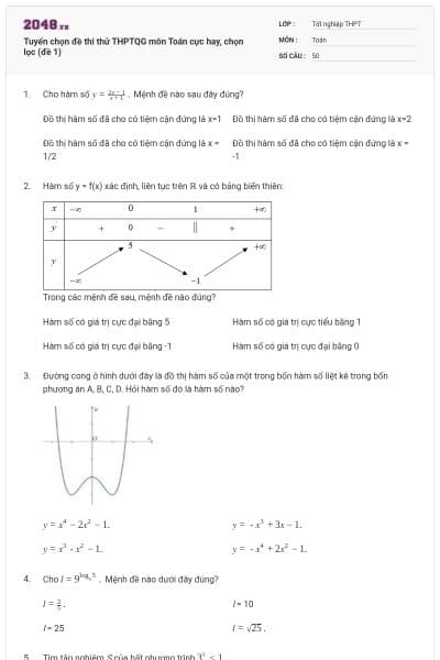 Tuyển chọn đề thi thử THPTQG môn Toán cực hay, chọn lọc (đề 1)