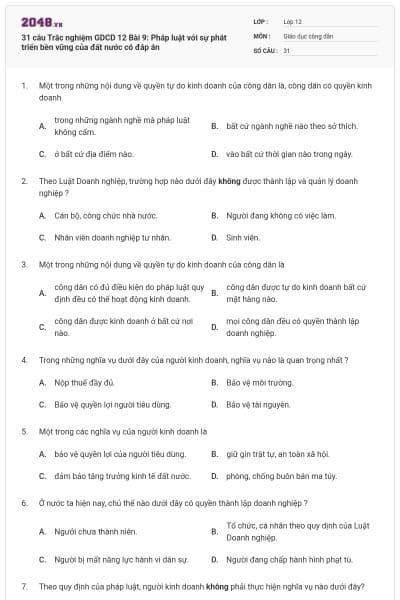 31 câu Trắc nghiệm GDCD 12 Bài 9: Pháp luật với sự phát triển bền vững của đất nước có đáp án