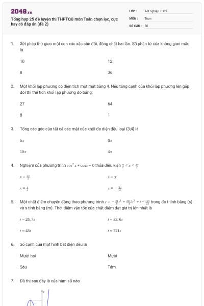Tổng hợp 25 đề luyện thi THPTQG môn Toán chọn lọc, cực hay có đáp án (đề 2)