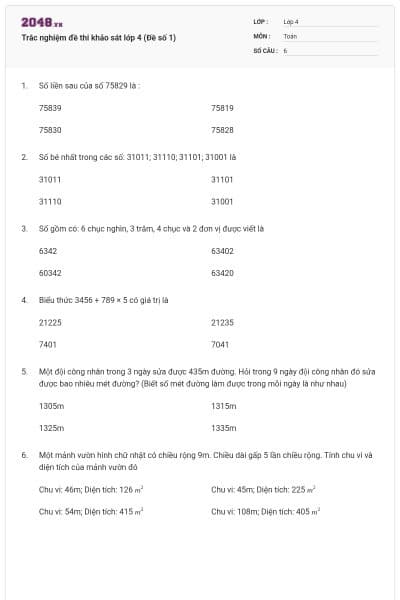 Trắc nghiệm đề thi khảo sát lớp 4 (Đề số 1)