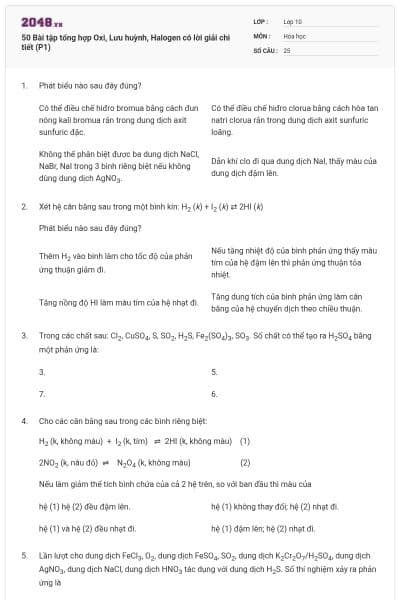 50 Bài tập tổng hợp Oxi, Lưu huỳnh, Halogen có lời giải chi tiết (P1)