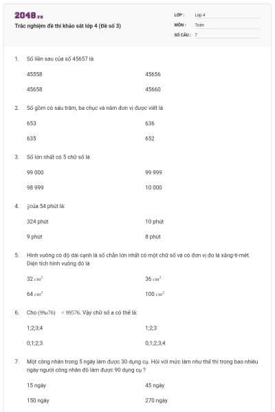 Trắc nghiệm đề thi khảo sát lớp 4 (Đề số 3)