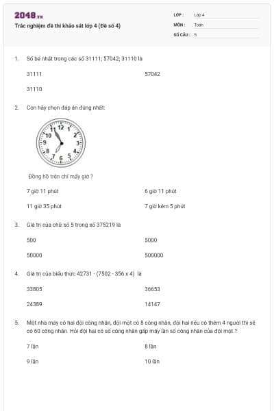 Trắc nghiệm đề thi khảo sát lớp 4 (Đề số 4)