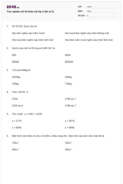 Trắc nghiệm đề thi khảo sát lớp 4 (Đề số 5)