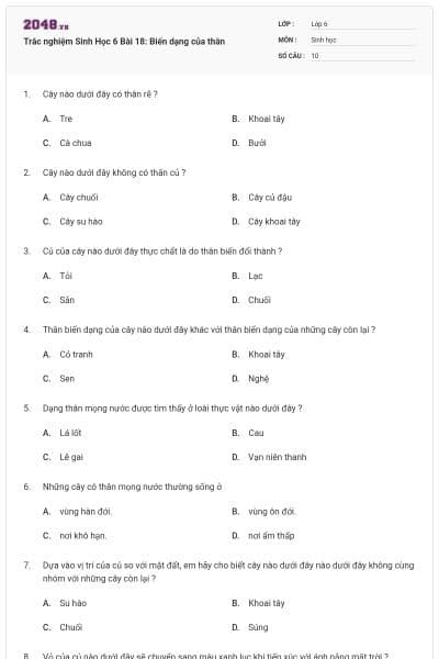 Trắc nghiệm Sinh Học 6 Bài 18: Biến dạng của thân