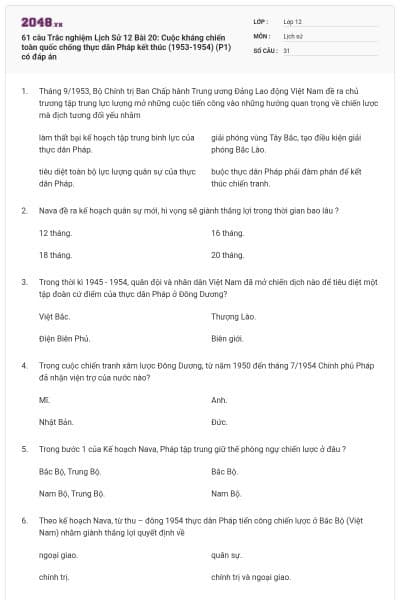 61 câu Trắc nghiệm Lịch Sử 12 Bài 20: Cuộc kháng chiến toàn quốc chống thực dân Pháp kết thúc (1953-1954) (P1) có đáp án