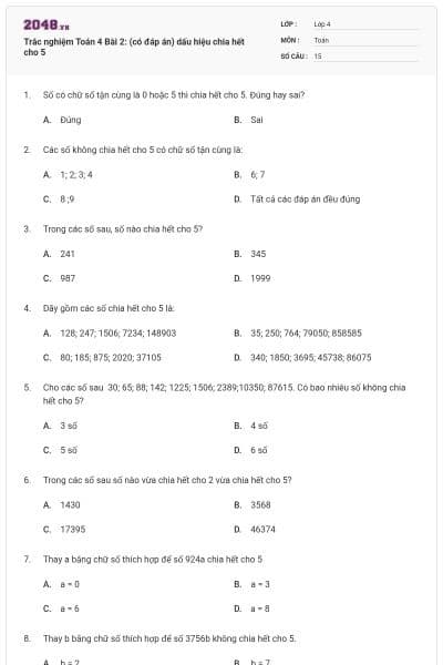 Trắc nghiệm Toán 4 Bài 2: (có đáp án) dấu hiệu chia hết cho 5