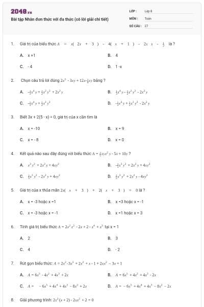 Bài tập Nhân đơn thức với đa thức (có lời giải chi tiết)