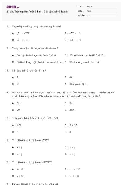21 câu Trắc nghiệm Toán 9 Bài 1: Căn bậc hai có đáp án
