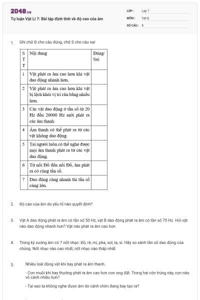 Tự luận Vật Lí 7: Bài tập định tính về độ cao của âm