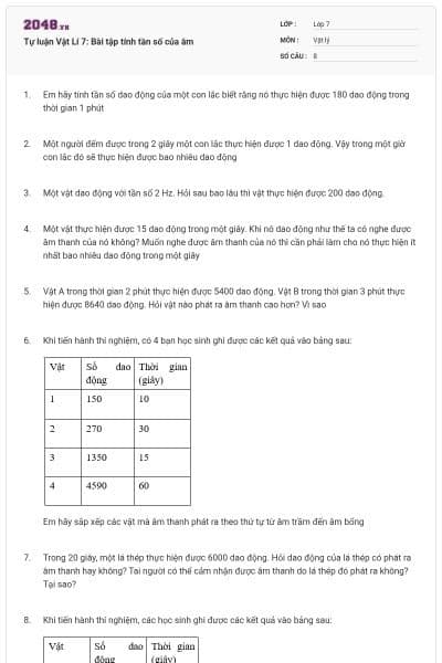 Tự luận Vật Lí 7: Bài tập tính tần số của âm
