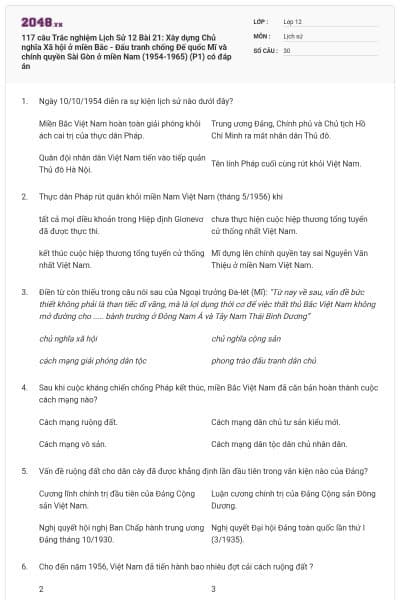 117 câu Trắc nghiệm Lịch Sử 12 Bài 21: Xây dựng Chủ nghĩa Xã hội ở miền Bắc - Đấu tranh chống Đế quốc Mĩ và chính quyền Sài Gòn ở miền Nam (1954-1965) (P1) có đáp án