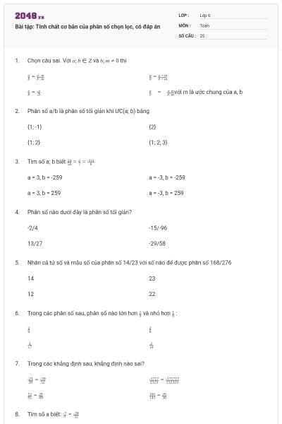 Bài tập: Tính chất cơ bản của phân số chọn lọc, có đáp án