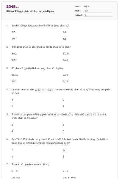 Bài tập: Rút gọn phân số chọn lọc, có đáp án