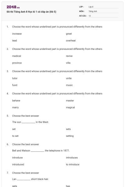 Đề thi Tiếng Anh 8 Học kì 1 có đáp án (Đề 5)