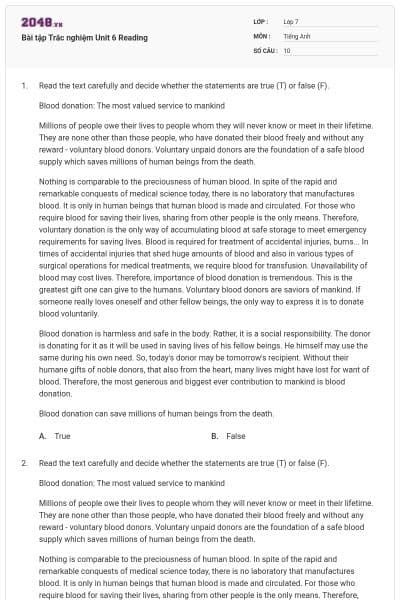 Bài tập Trắc nghiệm Unit 6 Reading