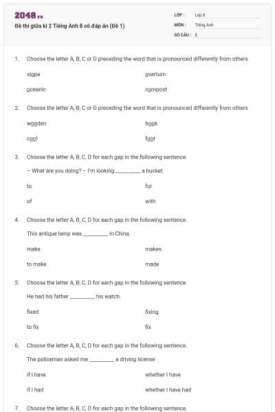 Đề thi giữa kì 2 Tiếng Anh 8 có đáp án (Đề 1)